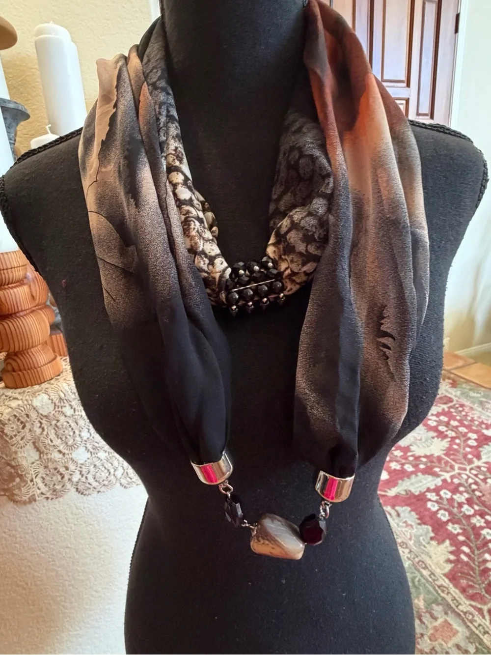 Women's Black and Brown Chiffon Infinity Scarf Necklace